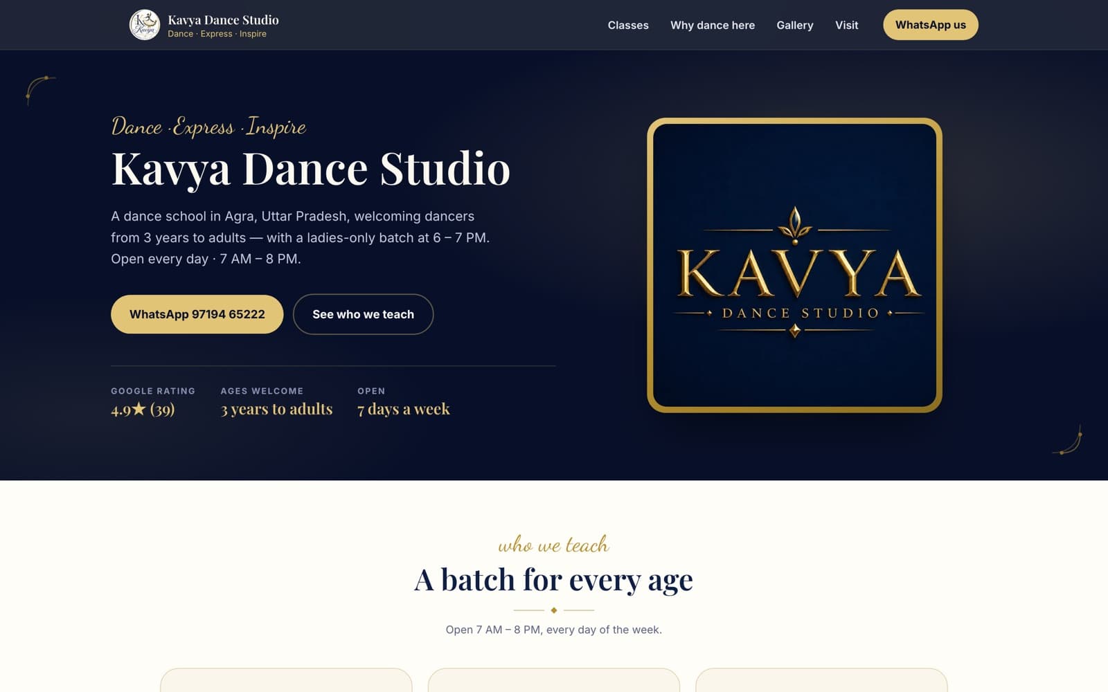 The Kavya Dance Studio website